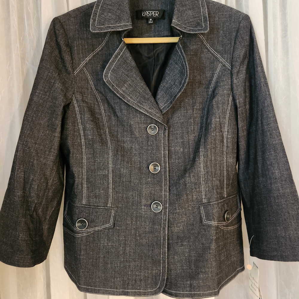 Kasper Women's Charcoal Denim Pantsuit Size 16 Business White Topstitch NWT - Picture 3 of 16